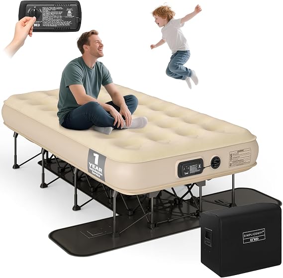 Simpli Comfy EZ Bed Twin Self-Inflating Air Mattress with Built-in Frame, Pump and Wheeled Case, Blow Up Inflatable Air Bed Perfect for Home, Guests, Travel, Vacation, Camping