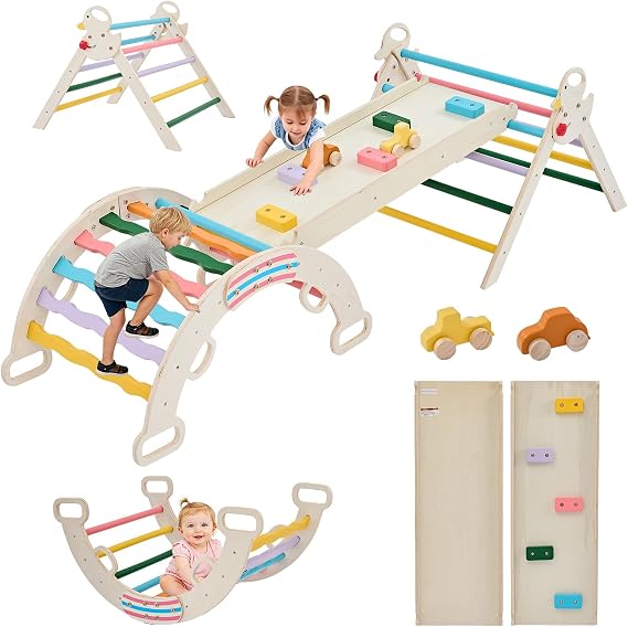 NEWBULIG Pikler Triangle Set, Montessori Wooden Kids Climbing Frame, Indoor Outdoor Jungle Gym with Climbing Net & Ramp, Playground Jungle Gym for Toddlers, Stable Anti-Slip Design