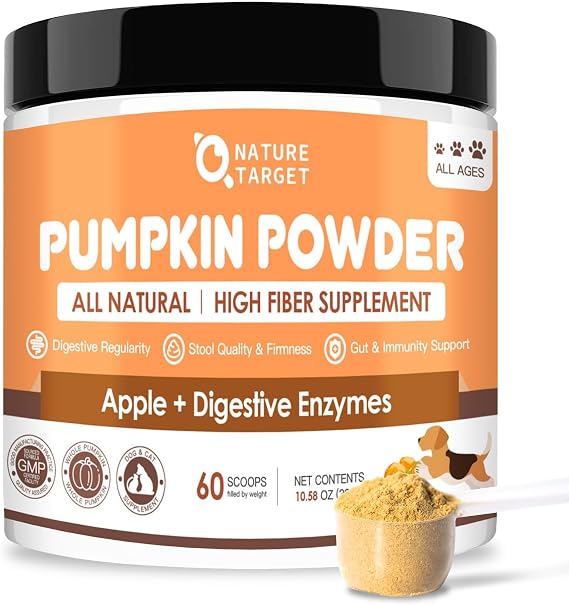Nature Target Pumpkin for Dogs & Cats, Digestive Enzymes & Apple, 10.58 oz | Dog Fiber Supplement, Support Healthy Stool, Digestive Health, Diarrhea, Constipation Relief, Pumpkin Powder to Make Puree