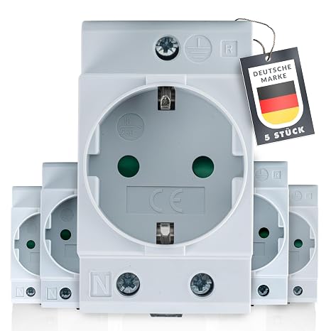 5x Schuko Socket for DIN Rail Built-in Socket with Metal Clip Protective Contact Child Lock and 2.5 TE Width Ideal for Distribution Cabinets and Control Cabinets