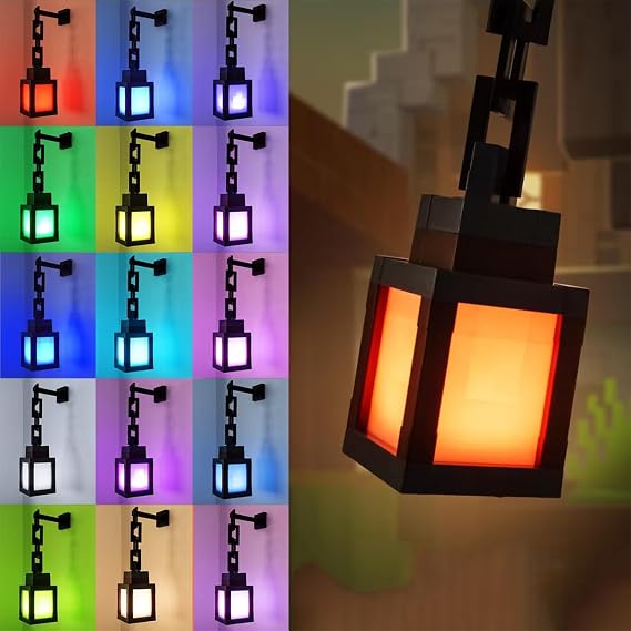 Pixelated Lantern Night Light, USB Rechargeable Wall Tabletop Table Lamp | 16 Colors LED Mood Light Touch Switch & Remote Control, Hanging Beside Lamp for Game Room Decor, Gifts for Boys