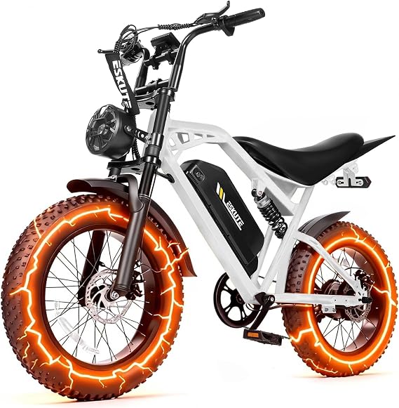 Elecby Electric Dirt Bike Adults, 1300W Peak 52V20.8Ah ebike, 20+MPH 20" x4.0 Fat Tire, Streamlined E-Motorcycle with 7 Speeds for Youths, V200,White Standard