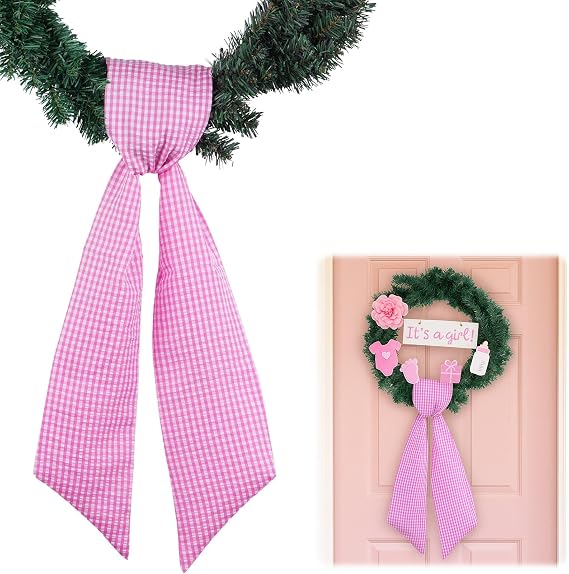 Pink White Gingham Wreath Sash for Front Door Wreath, 5.12" Wide x 54.33" Baby Girl Shower Spring Valentine Farmhouse Door Decorations Wedding