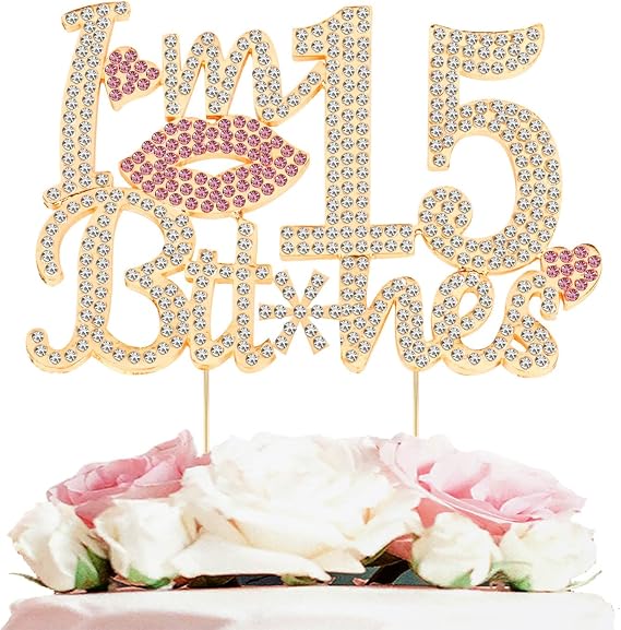 I'm 15th Funny Birthday Gold & Pink Rhinestone Cake Topper - Happy 15th Birthday Cheers to Fifteen Years Old Bday Party Metal Sparkly Food Centerpieces Topper Decorations Sign.