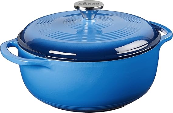 Lodge Essential Enamel Cast Iron Dutch Oven with Lid - 4.5 Quart - Oven-Safe Enamel Cookware up to 500 F - Heat-Retaining Braising & Roasting Pot - Non-Toxic Cookware - Caribbean Blue