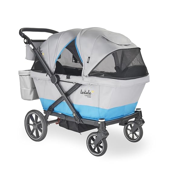 Larktale Caravan Coupe V2 Stroller Wagon for 2 Kids, All-Terrain 2-Seater Wagon Stroller with Reclining Seats, Compact Fold, Adjustable Handlebar, Vented Canopies & Parent Console, Gray/Blue