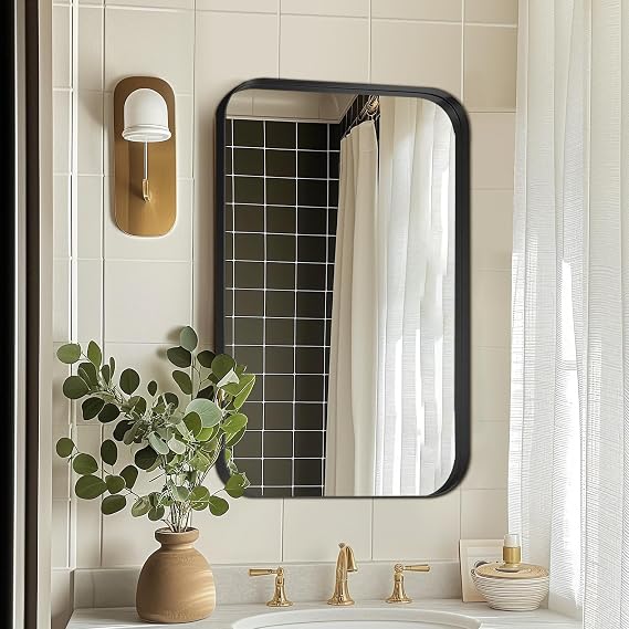 Delma Bathroom Vanity Mirror for Wall, Mirror for Bathroom Sink,30x22 Inch Black Metal Framed Mirror Wall Mounted, Hangs Horizontally or Vertically, Tempered Glass, Anti-Rust - 30x22'',Black