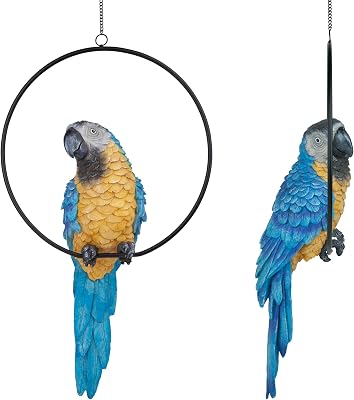 Design Toscano Polly in Paradise Parrot Hanging Bird Ring Perch Statue, Large 21 Inch, Set of Two, Cast Stone Resin, Full Color