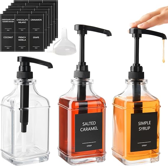 YBCPACK 3Pack 16.9 oz/ 500 ml Coffee Syrup Dispenser, Large Glass Syrup Bottles with Pump for Coffee Bar/Kitchen, Square Coffee Syrup Pump Dispenser with 36pcs Stickers, 1 Funnel