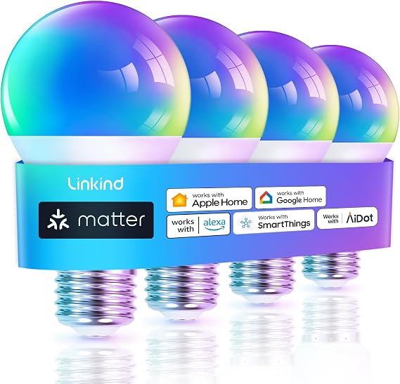 Linkind Matte Smart RGBTW Lamp Wifi E27 Alexa Bulb 1800-6500K Multicoloured WLAN Intelligent Bulb Music Sync Compatible with Siri/Google Home/SmartThings 800 Lumen Replaces 60 Watt Pack of 4 [Energy Class F]
