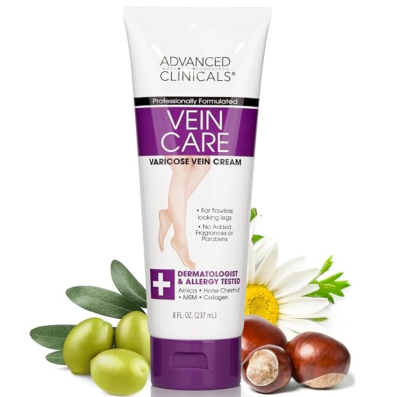 Advanced Clinicals Varicose Veins Cream for Legs, Spider Vein & Varicose Vein, Vitamin K, Arnica, 8 Fl Oz