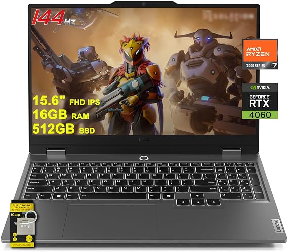 Lenovo LOQ Gaming Laptop 15.6" FHD IPS 144Hz (100% sRGB G-SYNC) AMD Octa-Core Ryzen 7 7435HS (Beats i7-12650H) 16GB RAM 512GB SSD GeForce RTX 4060 Backlit Nahimic Rapid Charge Win11 w/ICP Accessory