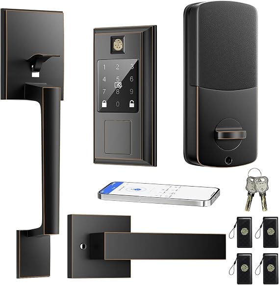 Fingerprint Smart Lock & Front Door Handle Set, Keyless Entry Door Lock with Handle, Auto-Lock, Smart Front Door Lock Set, Bluetooth APP Control, Touchscreen Keypad, Easy Install, Oil Rubbed Bronze
