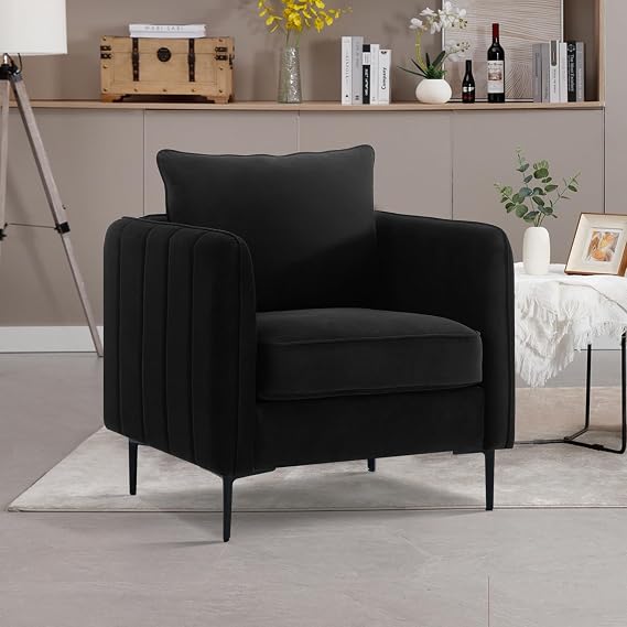 Velvet Accent Chairs, Modern Upholstered Sofa Chair Comfy Armchair with Thick Cushion and Metal Legs, Side Chair for Living Room Bedroom Office Reading (Black)