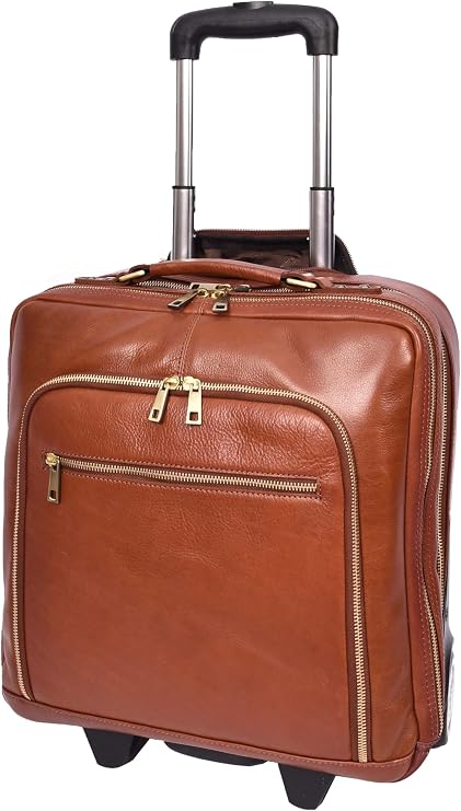 A1 FASHION GOODS Premium Leather Pilot Case Wheeled Briefcase Business Travel Laptop Bag Multi Zip Pockets A51, Tan, M, Pilot Case