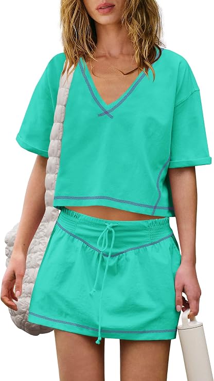 LAMISSCHE Womens 2 Piece Workout Sets Athletic Gym Sets Crop Top And Skirt With Shorts Set Activewears