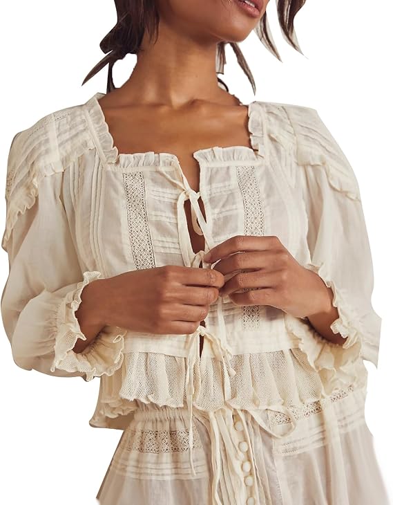 Women Long Puff Sleeve Front Tie Up Lace Trim Blouse Crop Tops Y2k Button Down Ruffle Hem Peplum Shirts Going Out