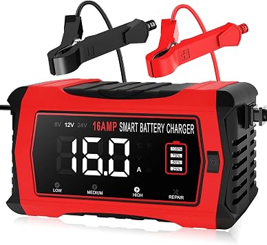 16-Amp Battery Charger, 12V 24V Lithium LiFePO4 Lead Acid Car Battery Charger 10-Stage Trickle Charger Smart Battery Maintainer w/Temp Compensation for Car Truck Lawn Mower Boat Marine
