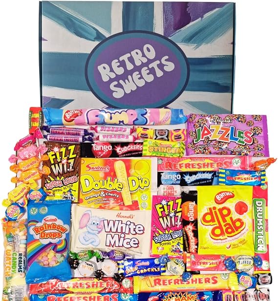 Retro Sweets Gift Box Ultimate Sweet Hamper. Packed in a fun Retro Design Box with Nostalgic and Popular British Sweets. Great gift for Christmas (Large, Purple & Green Union Jack Inspired Design)