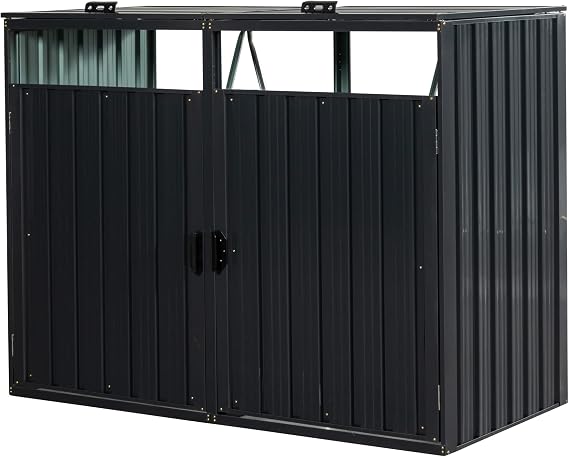 CIATRE Metal Garbage Bin Shed - Silver, Stainless Steel, 2 Trash Cans, Lockable, Easy to Clean, Contemporary Style, 31.5"D x 63"W x 40"H, 15.75 sq ft, 5 lbs