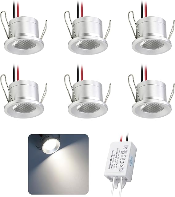 Mini LED Downlights 2W 6pcs DC 12V, IP65 Water Resistant Small Recessed Spotlight, 25mm Round Plinth Spot Light Cabinet Showcases Displays Hallway Kitchen Staircase Bath Niche (Cold White) [Energy Class F]