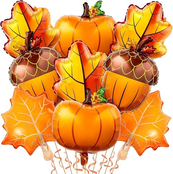 Jobkoo Fall Balloons Thanksgiving Decorations Orange Pumpkin Maple Leaf Pine Cones Mylar Foil Balloon Harvest Autumn Balloons for Happy Thanksgiving Baby Shower Birthday Festival Fall Party Decoration