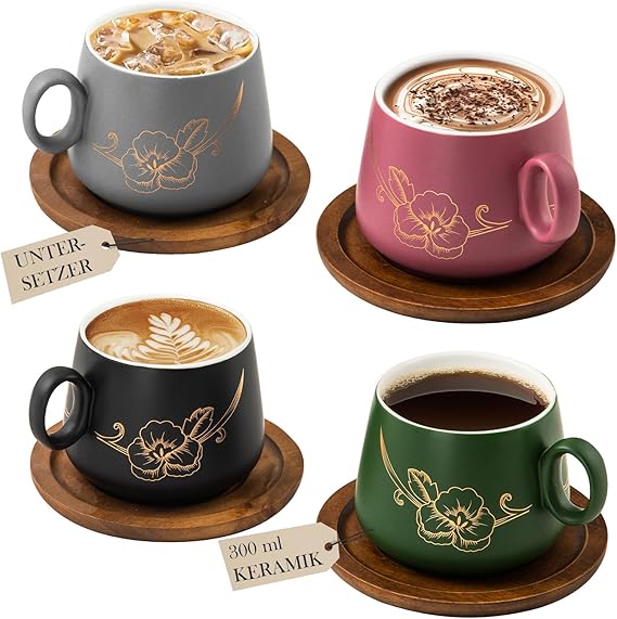 Yundu Matte Ceramic Cappuccino Cups Set of 4-300 ml Cappuccino Cups with Wooden Coasters & Gold Flower Design, Coffee Cups Set with Saucer for Latte Art, Espresso Cups, Tea
