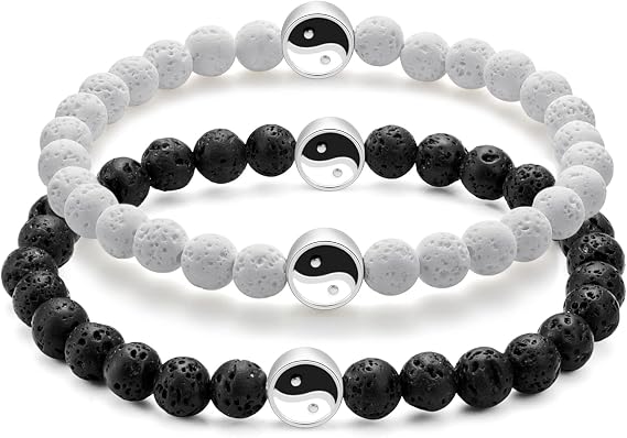 Wild Essentials 2 Bracelet Set, Yin Yang Lava Stones, White, Black, Expandable up to 8 inches, Aromatherapy Jewelry for Women, Men, Best Friends, His and Hers, Essential Oil Diffuser, Grounding Calm