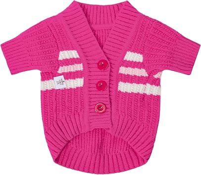 CuteBone Dog Striped Cardigan Sweater, Knitted Pink Dog Winter Clothes for Large Dogs Boy Girl, V-Neck Pet Cat Outfit, Large Size