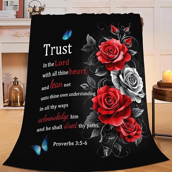 Christian Blanket Bible Verse Throw Blanket Red Rose Inspirational Religious Spiritual Gifts for Girls Boys Kids Adults Women Men Soft Cozy Plush Fluffy Fuzzy Fleece Blanket Decor 40''X50''