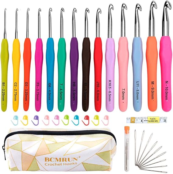 Crochet Hooks Set,14 PCS Ergonomic Soft Grip Handles Knitting Needles Kit with Case for Arthritic Hands,2mm-10mm Extra Long  Knit Needles, for Women Kids(Colorful) (A) (14) (14)
