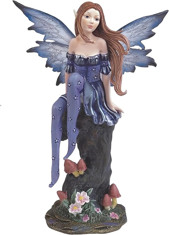 ICE ARMOR 8" H Purple Fairy with Clear Wings Sitting on Tree Trunk Statue Fantasy Decoration Figurine
