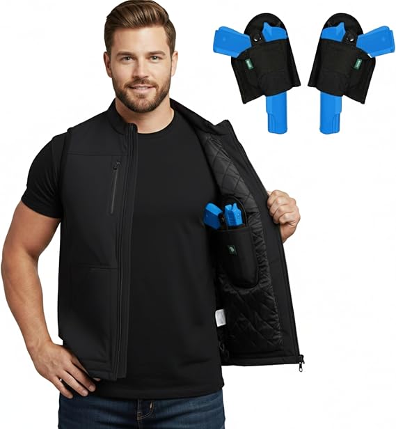 Concealed Carry Vest for Men, CCW Lightweight Softshell Vest Outerwear Zip Up Windproof Sleeveless Jacket