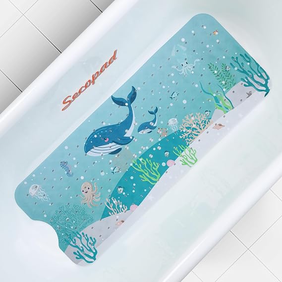 Secopad Bathtub Mat Non Slip, Cute Tub Mat, 40" x 16", 2-Whales | Rectangular, Anti-Slip, Machine Washable, with Drain Holes and Suction Cups,For Bathtub and Shower Floor, for Toddler & Kids