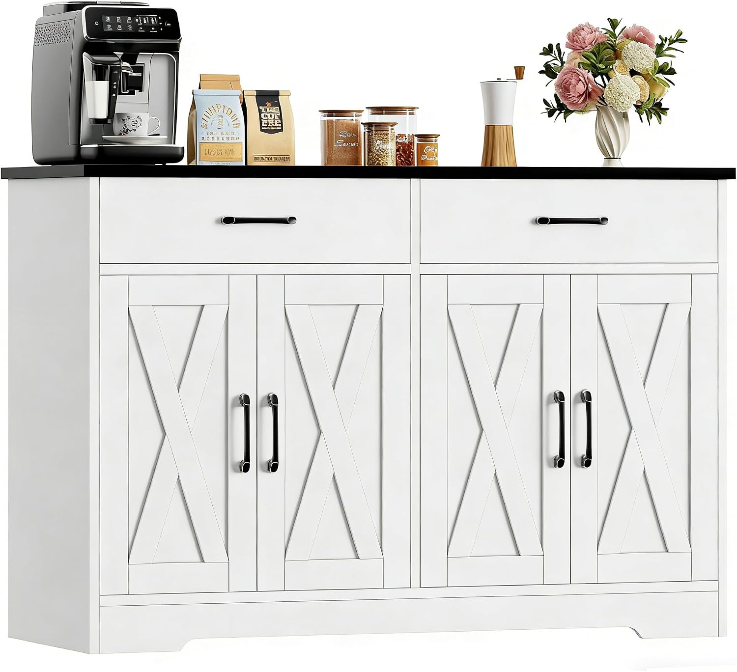 HOCSOK Sideboard, 120cm Kitchen Cabinet with 2 Drawers, Wooden Sideboard Storage Cabinet for Kitchen, Living Room, Dining Room, Hallway, White & Black