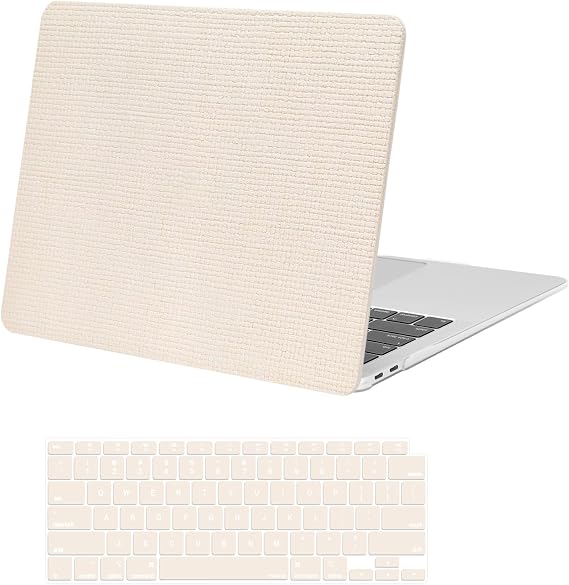 MOSISO Compatible with MacBook Air 13 inch Case M1 2022-2018, Beige | Reduces-Fingerprints Square Grid PU Leather Coated Plastic Hard Shell Case&Keyboard Cover, Release A2337 M1 A2179 A1932