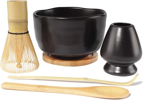 BambooMN Matcha Whisk Starter Set - Chawan Matcha Bowl, Tea Whisk, Chashaku, Spoon, Matcha Holder, and Bamboo Coaster for Traditional Japanese Tea Ceremony