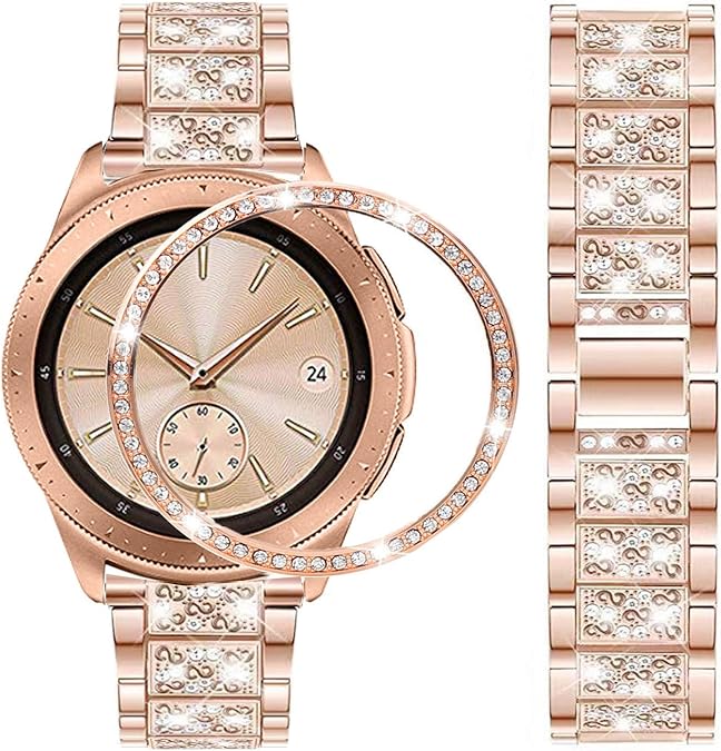 DEALELE Bands Compatible with Samsung Gear Sport/Galaxy Watch 42mm / Galaxy 4 Classic (42mm), Luxury Rhinestone Diamond Steel Metal Strap with Bezel Ring Case Cover Replacement Bracelet
