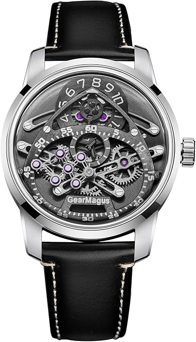OBLVLO X GearMagus Skeleton Mechanical Watch, Silver Case, Black Leather Band, Purple Jewel Bearings