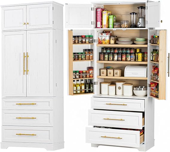 BROVAVE 78" Laminate Coated Kitchen Storage Rack, Kitchen Pantry Cabinet with Adjustable Inner Shelves, Kitchen Cabinet Organizer with Spacious Drawers for Diversified Household Zones, White