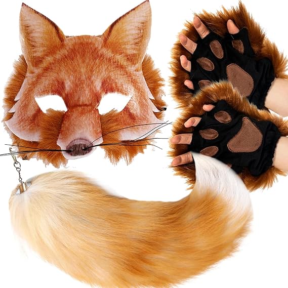 Valpeak Fox Mask and Tail Set with Therian Paws for Kids Fox Costume Furry Paws for Girls(Gold)