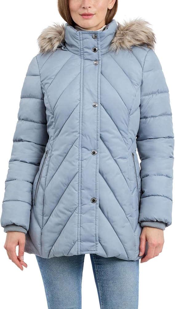 London Fog Women's Heavyweight Chevron Puffer Hooded Coat