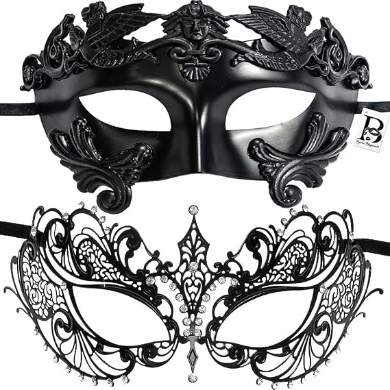 Couple's Masquerade Masks for Him and Her Venetian Wedding Roman Greek God Mask Halloween Costume Cosplay Prom Party Mask (Black Roman)