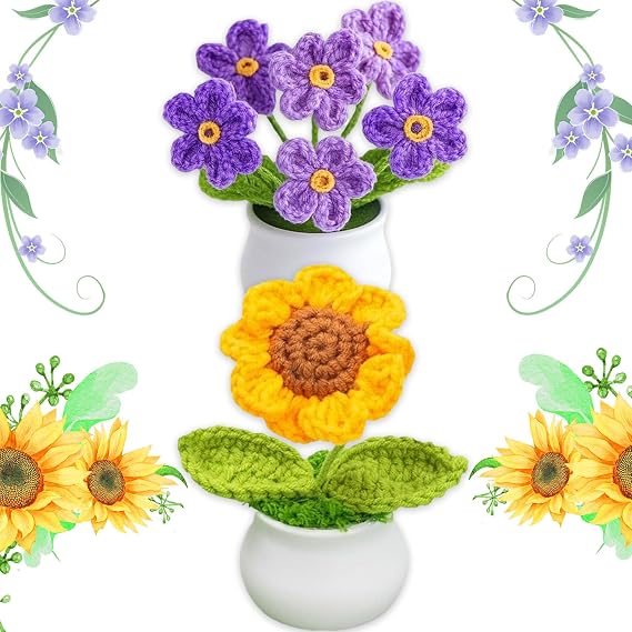 2 PCS Crochet Flowers Set, Crochet Plant Sunflower and Purple Forget Me Not, Delicate Crocheted Flowers, Suitable as a Commemorative Birthday Gift for Women and Girls Sunflower Gifts