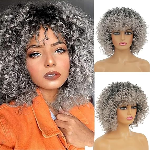 Grey Afro Curly Wig with Bangs for Black Women Ombre Gray Kinky Fluffy Short Hair Wigs(Gray)