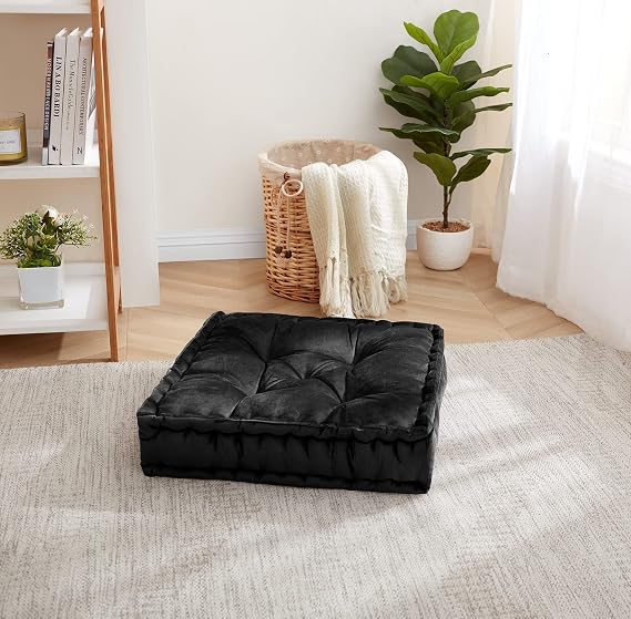 Sweet Home Collection Floor Pillow Large Square Tufted Decorative Cushion. Faux Velvet Fabric Ultra Thick Fill for Kids and Adults, Black(Pack of 1)