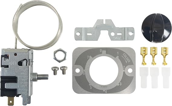 Danfoss 077B7100 Thermostat 1 Door Refrigerators 077B7100 077B0967L Cold Cut-in +14.9F Cold cut-out -0.4F Warm Cut-in +47.3F Warm Cut-out +37.4F Capillary tube length 47.2in B0 Fit: K50P-1125-001