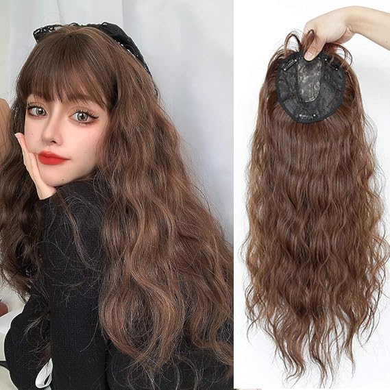 24" Long Full Topper Clip in Snythetic Hairpiece with Bangs Full Head Wear Curly Wavy Black