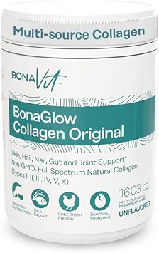 Multi Collagen Peptides Powder - Hydrolyzed 6-Type Collagen from 4 Sources with Vitamin C, Probiotics & Digestive Enzymes - Dr. Formulated - Non-GMO - BonaGlow Unflavored 1lb