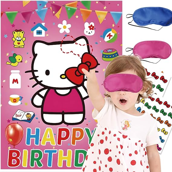 Birthday Decorations, Cute Pink Party Supplies Large Poster with 24 Pcs Bow Stickers, Pin The Bow Sticker on Cat, Cartoon Party Games for Girls Boys